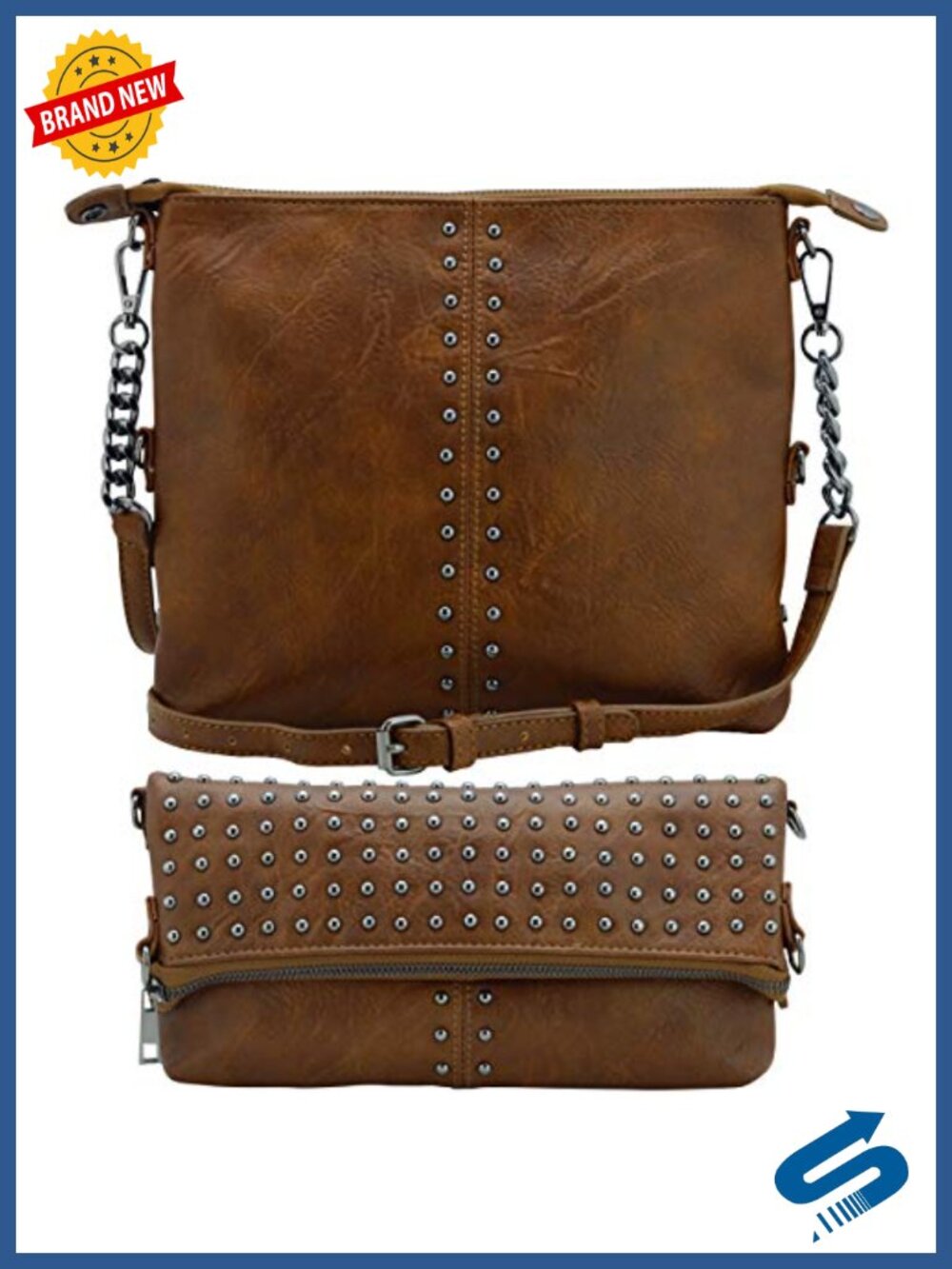 Faux Leather Studded Chain Crossbody Handbag, Boho Messenger Bag, Converts to